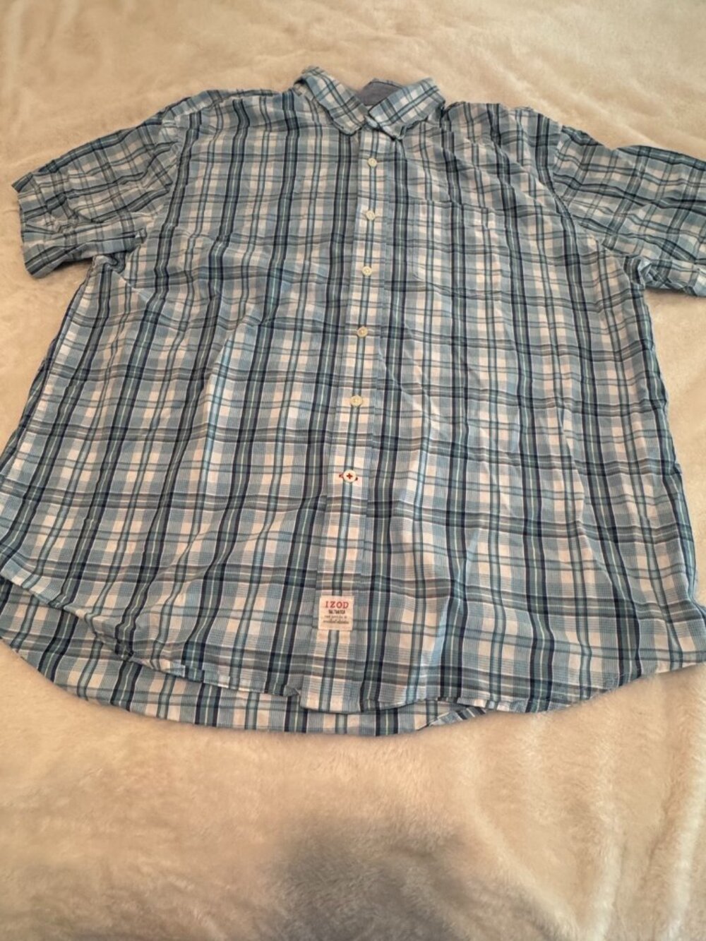 Izod Saltwater Blue Plaid Button Down Short Sleeve Cotton Shirt Size XL